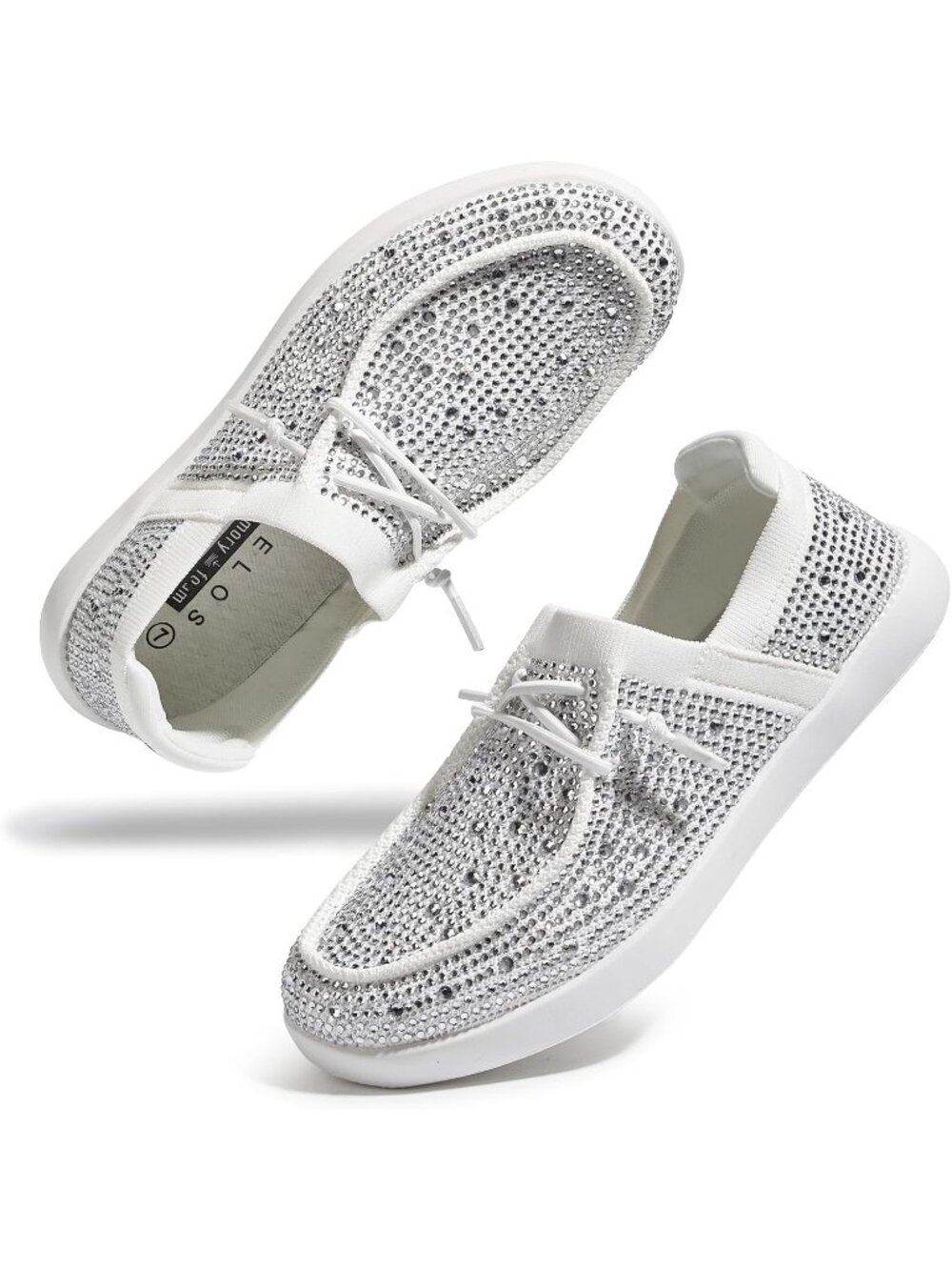 Women's White/Silver Knit Comfortable Rhinestone Lace Up Loafers Fashion Sneaker